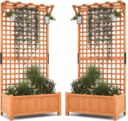 Giantex Planter Raised Bed with Trellis, 71inch Wooden Garden Bed, High Trellis for Plant Flower Climbing Pot - 2 35.5"Lx17.5"Wx72.5"H