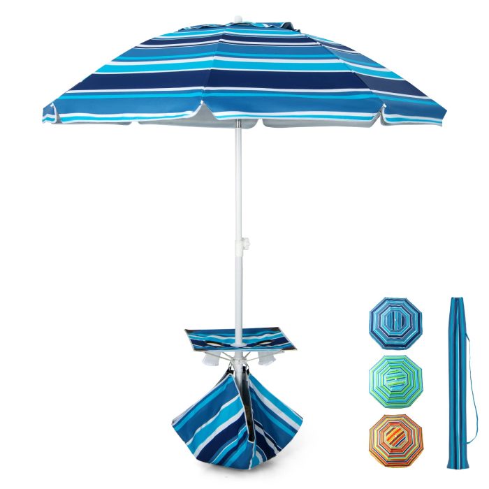 Giantex Beach Umbrella with Cup Holder Table and Sandbag - Blue Strip - Image 1