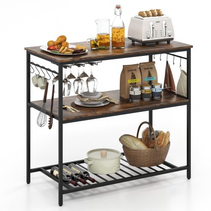 Giantex Kitchen Baker Rack with 3 Tier Storage Shelves, 10 Hooks, Glass Holder, 40" Stationary Island with Spacious Worktop - Brown
