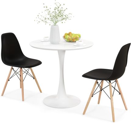 Giantex Dining Room Table Set for 2 or 4, Compact Kitchen Dining Table Set with 32" Round Table and DSW Chairs - White+Black Dining Set for 2