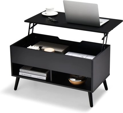 Giantex Lift Top Coffee Table, Modern Cocktail Table w/Hidden Compartment & 2 Open Shelves - Black