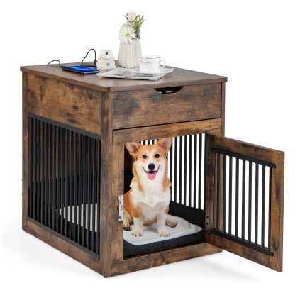 Giantex Dog Crate Furniture, Dog Kennel End Table with Chew-Proof Metal Fence, Lockable Door - Rustic Brown Metal Fence