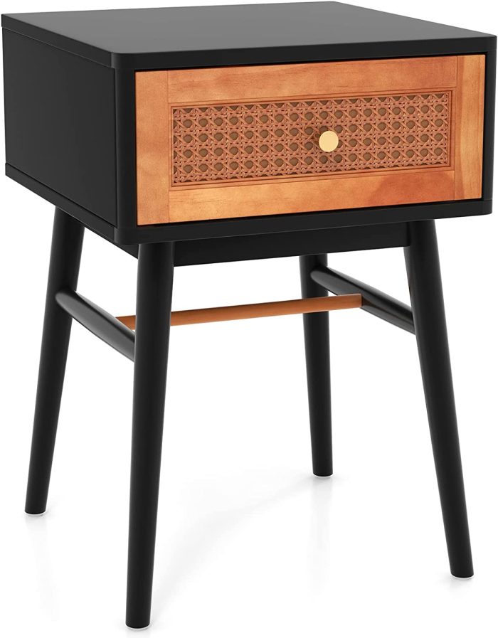 Giantex Rattan Nightstand, Boho End Side Table with Rattan Decorated Storage Drawer & Solid Wood Legs - 1 Black - Image 1