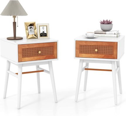 Giantex Rattan Nightstand, Boho End Side Table with Rattan Decorated Storage Drawer & Solid Wood Legs - 2 White