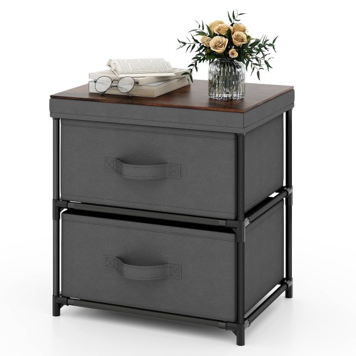 Giantex Nightstand Set of 2 with 2 Fabric Drawers - 1 2 Grey - Image 1