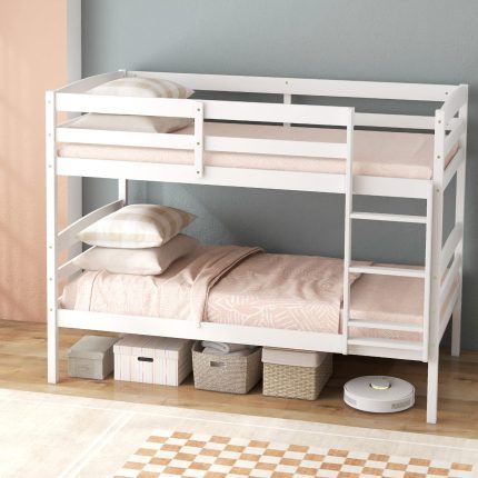Giantex Bunk Bed, Solid Wood Detachable Bed Frame with High Guardrails & Integrated Ladder - White Twin Over Twin