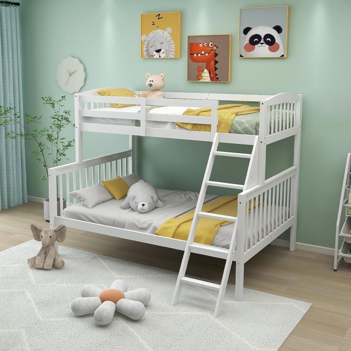 Giantex Bunk Bed, Solid Wood Detachable Bed Frame with High Guardrails & Integrated Ladder - White Twin Over Full - Image 1