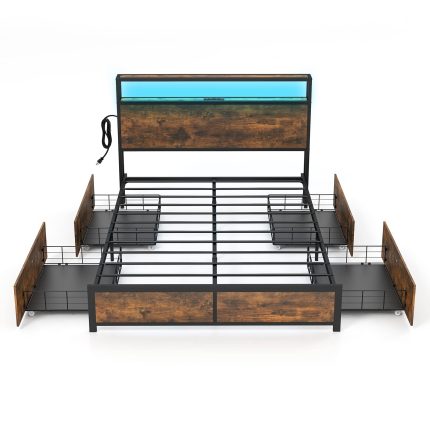 Giantex Queen/Full Bed Frame with LED Lights Headboard and 4 Storage Drawers - Queen