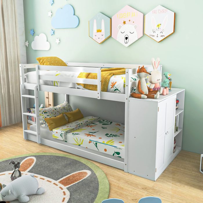 Giantex Twin Over Twin Bunk Bed with Storage Shelves, Solid Wood Bunk Bed Frame with Convertible Bookcase & Ladder, White - Image 1