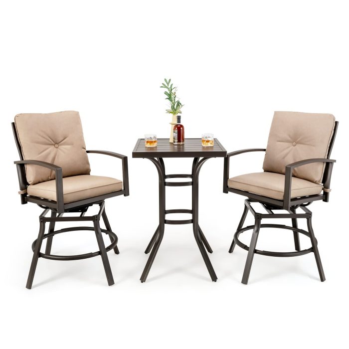 Giantex 3 Piece Patio Bar Set, All Weather Metal Outdoor Furniture Set, Bar Height Patio Table, Swivel High Bar Stool Chairs Set of 2 - Image 1