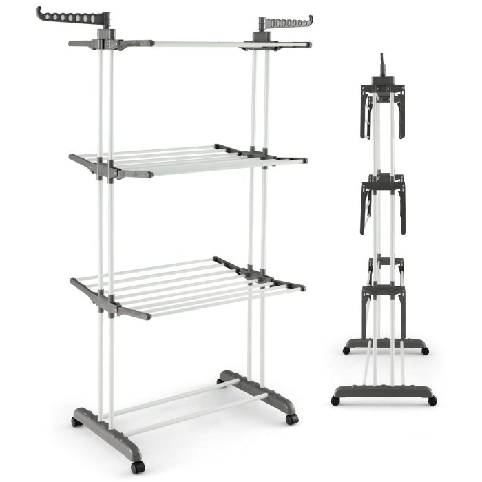Giantex Foldable Clothes Drying Rack, Oversized 4-Tier Collapsible Laundry Rack w/ 3 Retractable Trays - White - Image 1
