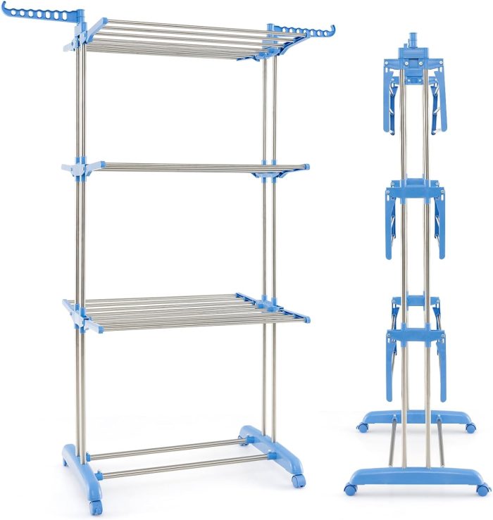 Giantex Foldable Clothes Drying Rack, Oversized 4-Tier Collapsible Laundry Rack w/ 3 Retractable Trays - Blue - Image 1