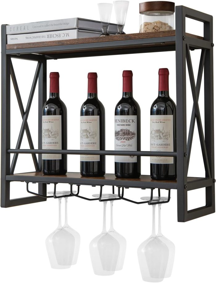 Giantex Industrial Wall-Mounted Wine Rack, 3 Tiers Metal Hanging Wine Shelf with Glass Holder - 23.5" x 8" x 21.5" - Image 1