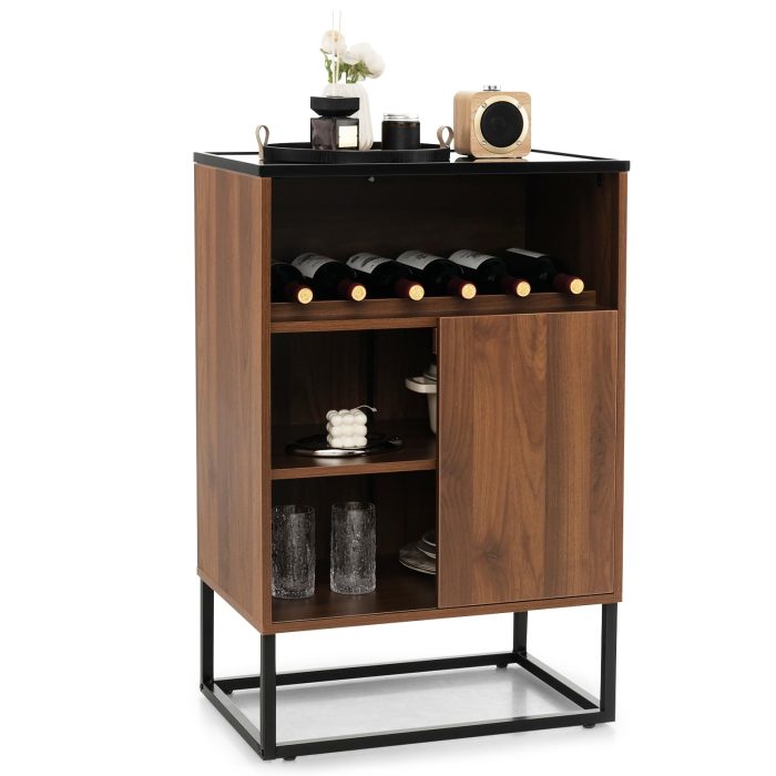Giantex Wine Bar Cabinet, Small Sideboard Buffet Cabinet with Tempered Glass Top, Adjustable Feet & Shelf, Sliding Door - Image 1