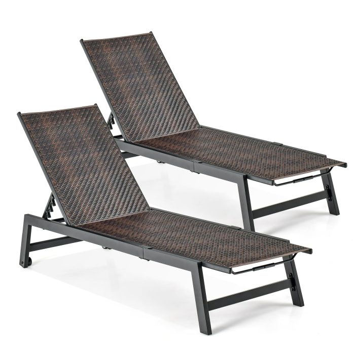 Giantex Patio Chaise Lounge Chair - Outdoor PE Rattan Recliner Chair with Wheels, 5-Position Adjustable Backrest - Image 1