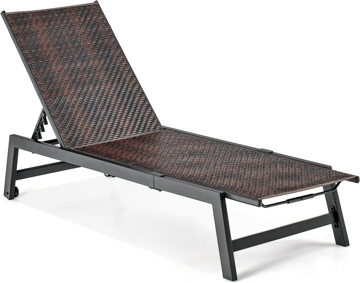 Giantex Patio Chaise Lounge Chair - Outdoor PE Rattan Recliner Chair with Wheels, 5-Position Adjustable Backrest - Image 1