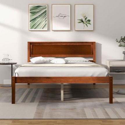 Giantex Wood Full Platform Bed with Headboard - Walnut Twin