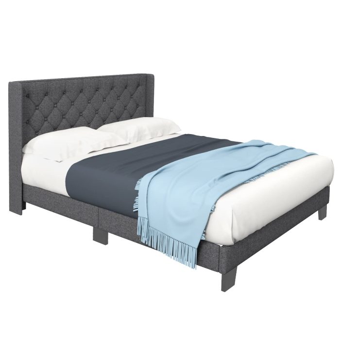 Giantex Bed Frame with Button Tufted Headboard, Modern Fabric Upholstered Platform Bed with Wingback Design, Grey - Full - Image 1