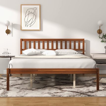 Giantex Wood Bed Frame with Headboard, Mid Century Platform Bed with Wood Slat Support, Walnut - Queen