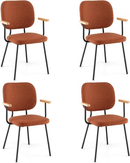 Modern Fabric Dining Chair Set of 2, Padded Armchairs with Linen Fabric - Orange 2