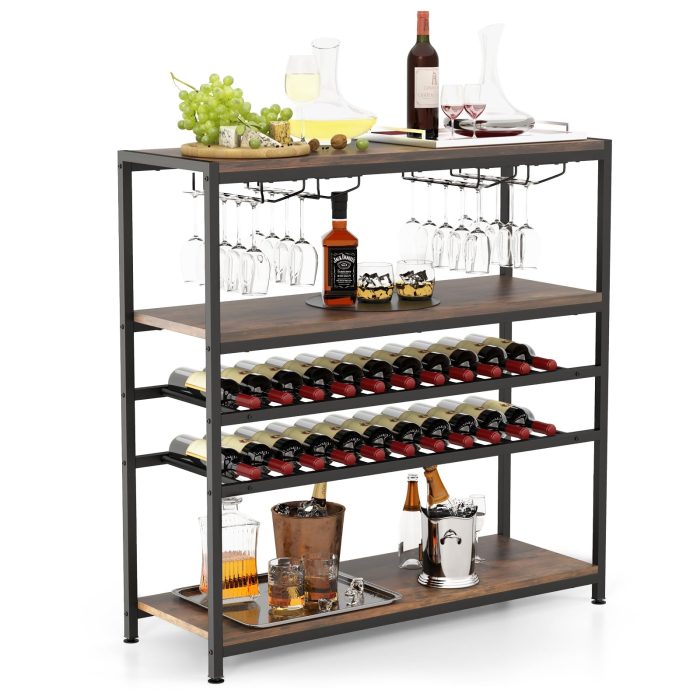 Giantex Wine Rack Table, Industrial Freestanding 22-Bottle Wooden Wine Bar Cabinet with 2 Wine Racks - Image 1