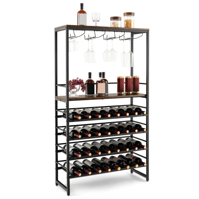 Floor Wine Rack w/ 4-Tier Wine Storage & 4 Rows of Stemware Racks - Image 1