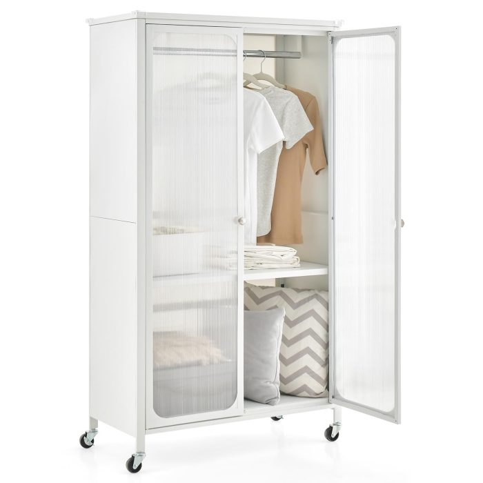 Portable Closet with Rollers, Mobile Metal Armoire Closet with Hanging Rod - Image 1
