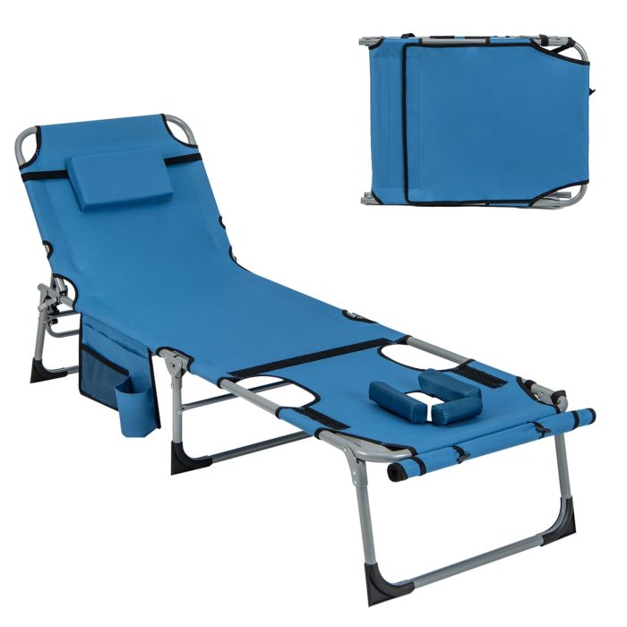 Giantex Folding Beach Tanning Chair - Outdoor Chaise Lounge Chair, 5-Position Adjustable Lounger with Face Hole - Image 1