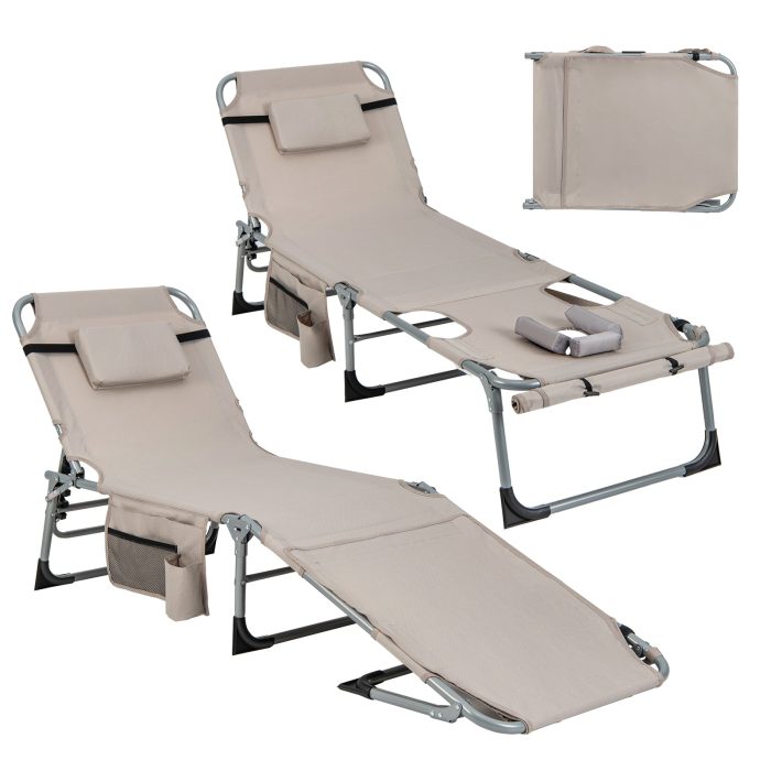 Giantex Folding Beach Tanning Chair - Outdoor Chaise Lounge Chair, 5-Position Adjustable Lounger with Face Hole - Image 1
