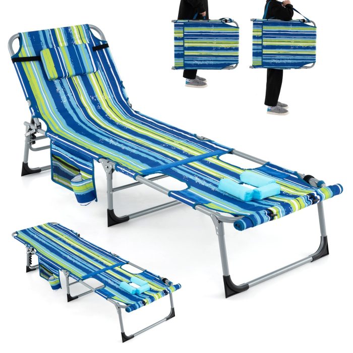 Giantex Folding Beach Tanning Chair - Outdoor Chaise Lounge Chair, 5-Position Adjustable Lounger with Face Hole - Image 1