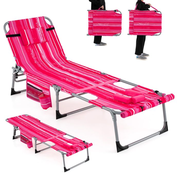 Giantex Folding Beach Tanning Chair - Outdoor Chaise Lounge Chair, 5-Position Adjustable Lounger with Face Hole - Image 1