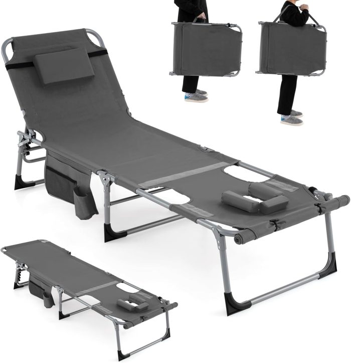 Giantex Folding Beach Tanning Chair - Outdoor Chaise Lounge Chair, 5-Position Adjustable Lounger with Face Hole - Image 1