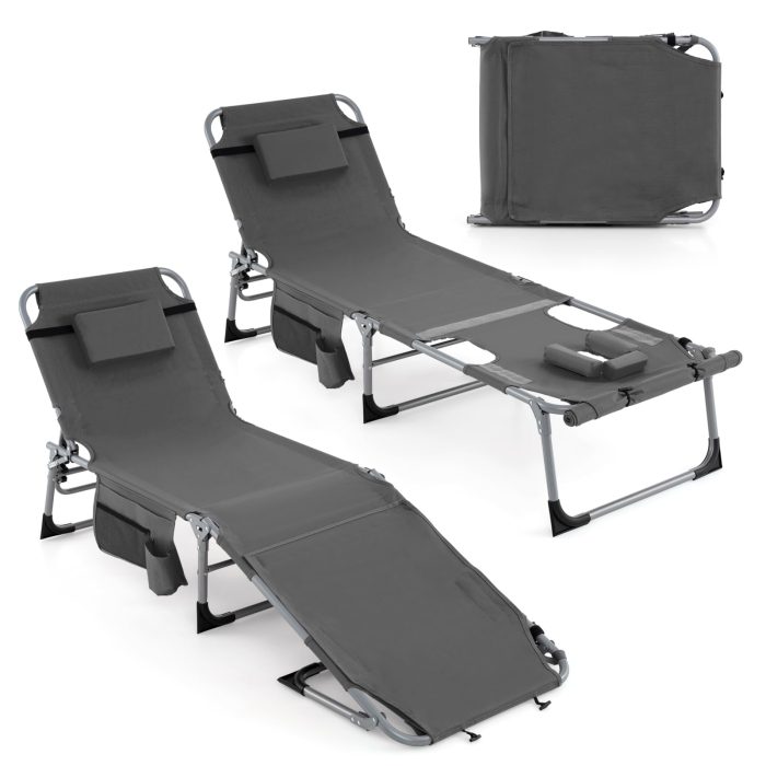 Giantex Folding Beach Tanning Chair - Outdoor Chaise Lounge Chair, 5-Position Adjustable Lounger with Face Hole - Image 1