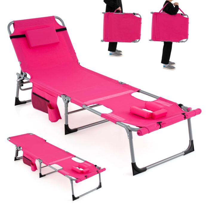 Giantex Folding Beach Tanning Chair - Outdoor Chaise Lounge Chair, 5-Position Adjustable Lounger with Face Hole - Image 1