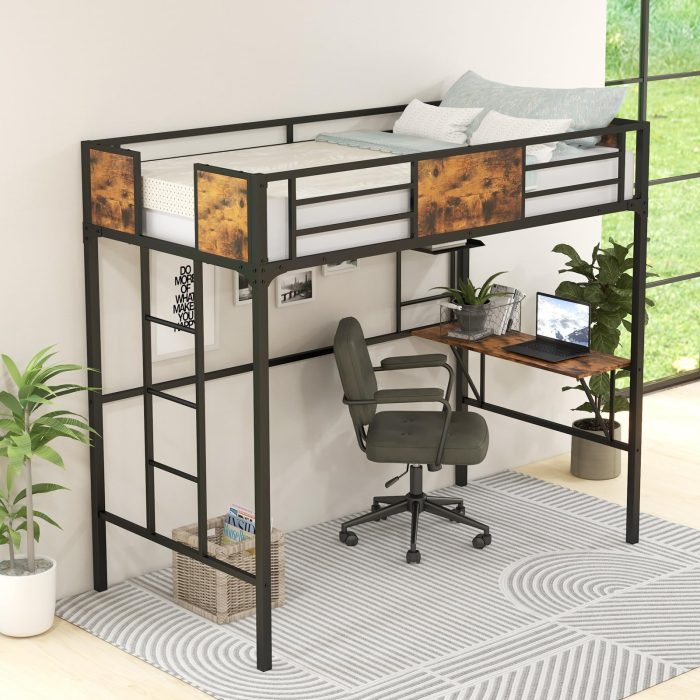 Giantex Metal Twin Loft Bed with Desk and Storage Shelf, Heavy Duty Loft Bed Frame with Build-in Ladder & Safety Guardrail - Image 1