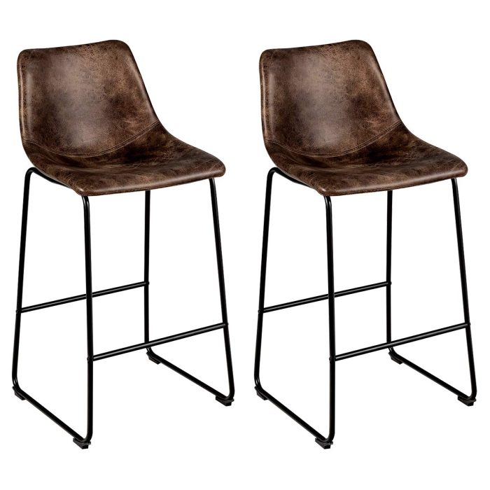 Vintage Faux Suede Bar Stools, with Metal Legs, Back and Footrest - 2 Brown - Image 1