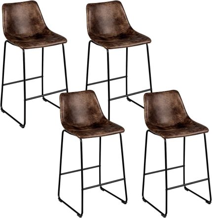 Vintage Faux Suede Bar Stools, with Metal Legs, Back and Footrest - 4 Brown