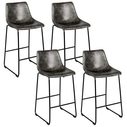 Vintage Faux Suede Bar Stools, with Metal Legs, Back and Footrest - 4 Grey
