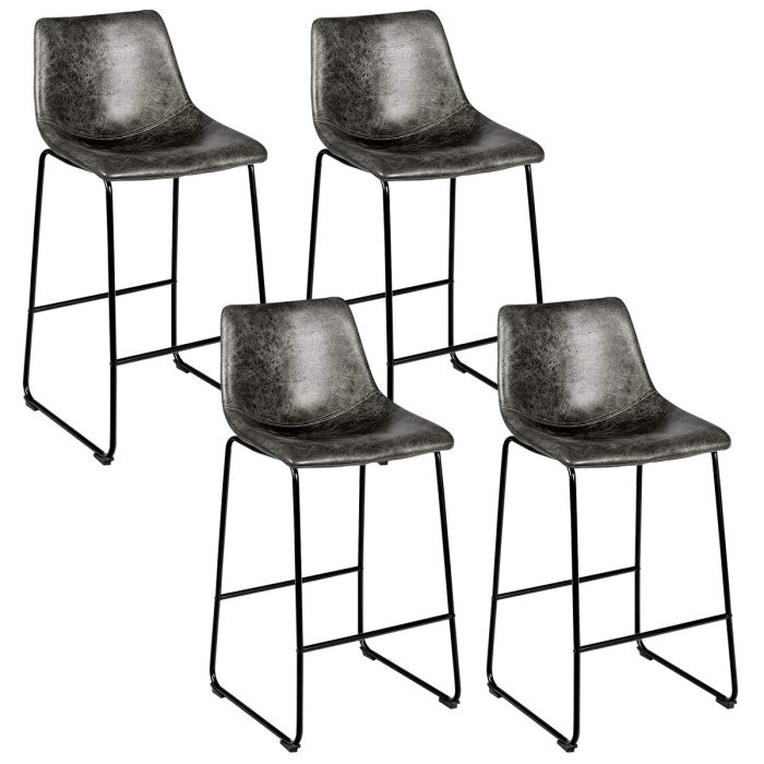 Vintage Faux Suede Bar Stools, with Metal Legs, Back and Footrest - 4 Grey - Image 1