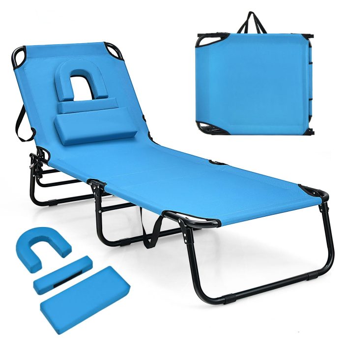 Giantex Folding Beach Tanning Chair - Adjustable Patio Lounge Chair w/Face Hole, Removable Pillows, Carry Strap - Image 1