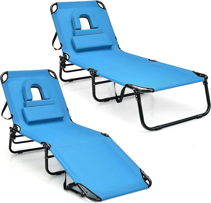 Giantex Folding Beach Tanning Chair - Adjustable Patio Lounge Chair w/Face Hole, Removable Pillows, Carry Strap - Image 1