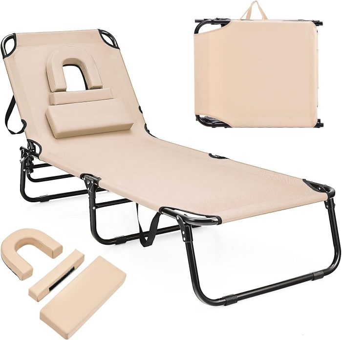 Giantex Folding Beach Tanning Chair - Adjustable Patio Lounge Chair w/Face Hole, Removable Pillows, Carry Strap - Image 1