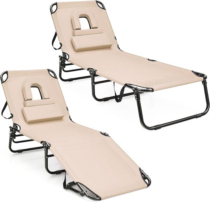 Giantex Folding Beach Tanning Chair - Adjustable Patio Lounge Chair w/Face Hole, Removable Pillows, Carry Strap - Image 1