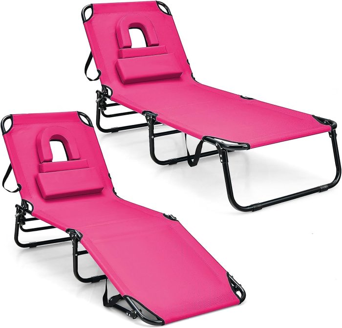 Giantex Folding Beach Tanning Chair - Adjustable Patio Lounge Chair w/Face Hole, Removable Pillows, Carry Strap - Image 1