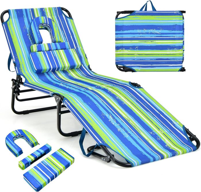 Giantex Folding Beach Tanning Chair - Adjustable Patio Lounge Chair w/Face Hole, Removable Pillows, Carry Strap - Image 1