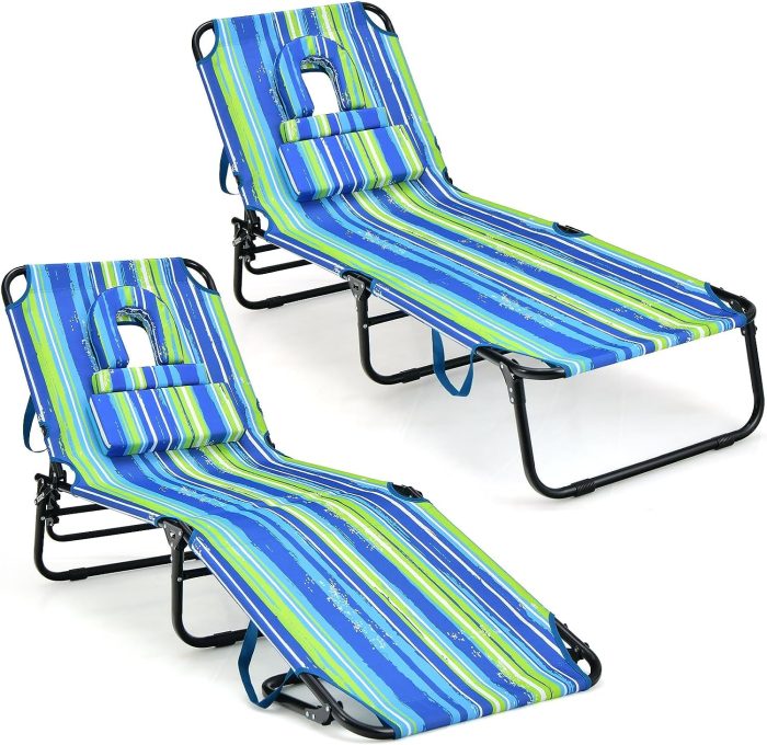 Giantex Folding Beach Tanning Chair - Adjustable Patio Lounge Chair w/Face Hole, Removable Pillows, Carry Strap - Image 1