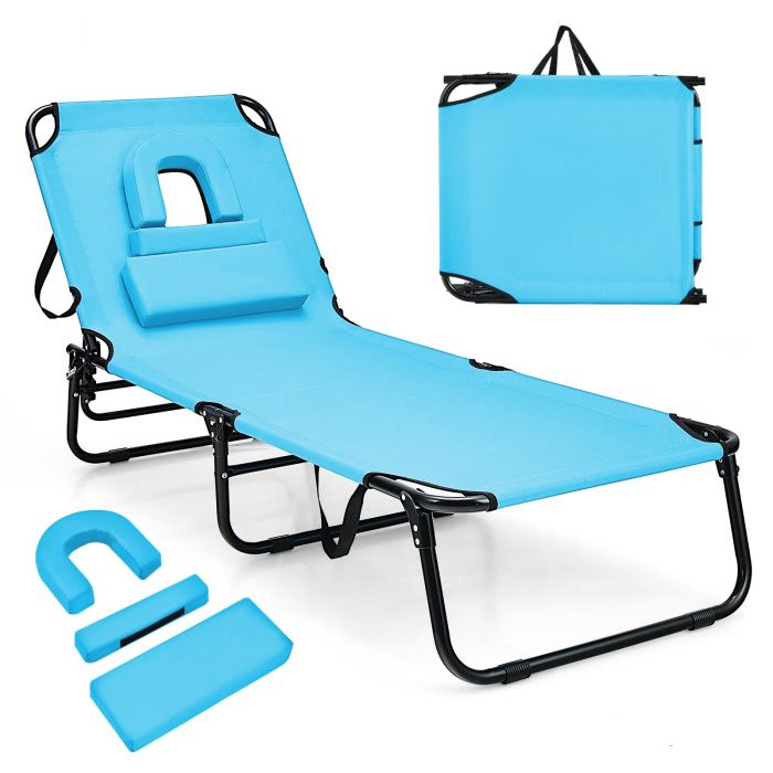 Giantex Folding Beach Tanning Chair - Adjustable Patio Lounge Chair w/Face Hole, Removable Pillows, Carry Strap - Image 1