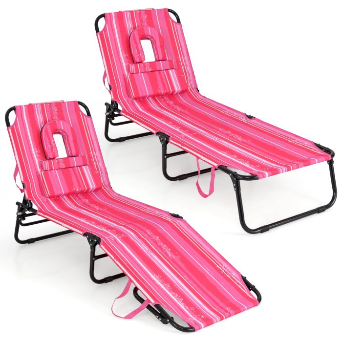 Giantex Folding Beach Tanning Chair - Adjustable Patio Lounge Chair w/Face Hole, Removable Pillows, Carry Strap - Image 1