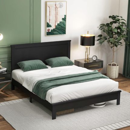 Giantex Wood Platform Bed Frame with Headboard, Mid Century Bed Frame with Solid Wood Legs & Wooden Slat Support - Black Queen