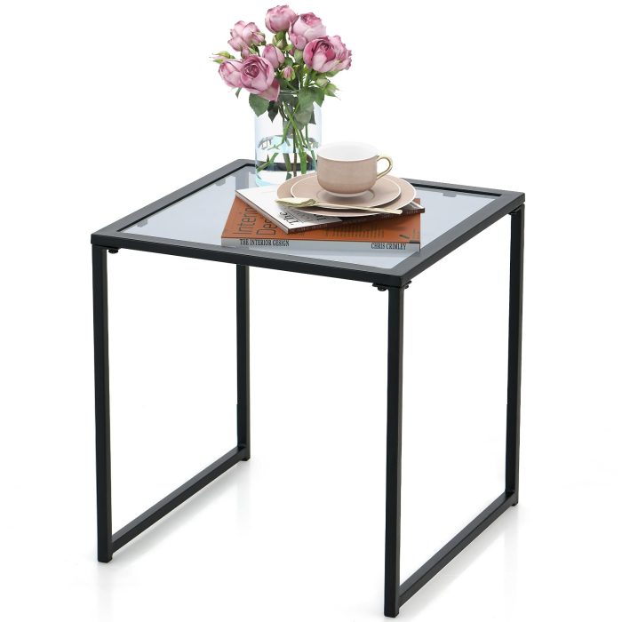 Giantex Outdoor 17” Square Table - Patio Tempered Glass End Table Side Table with Metal Frame - Image 1
